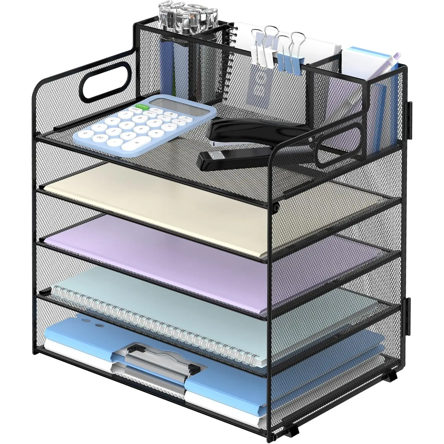 5 Tier Desk Organizer with Handle & 3 Pen Holders, Mesh Paper/File Organizer for Desk, Paper Letter Tray Organizer for Office Supplies