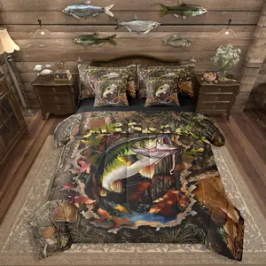 Feelyou Men's 7-Piece Camo Fish Comforter Set with Sheets, Fish Themed Bedding Set, All-In-1 Bed in a Bag for Hunting Enthusiasts