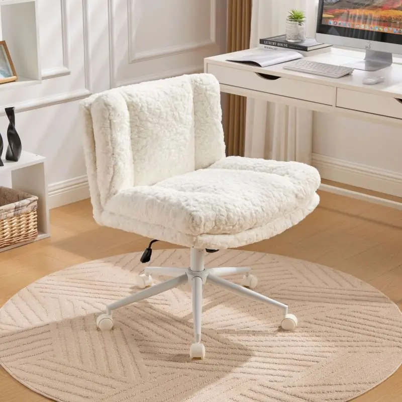 Cream Cute Vanity Chair for Girls - Armless Office Vanity Chair with Metal Crisscross Legs, Adjustable Swivel, Artificial Rabbit Hair Fabric for Makeup, Home Office Use, Chair For Vanity