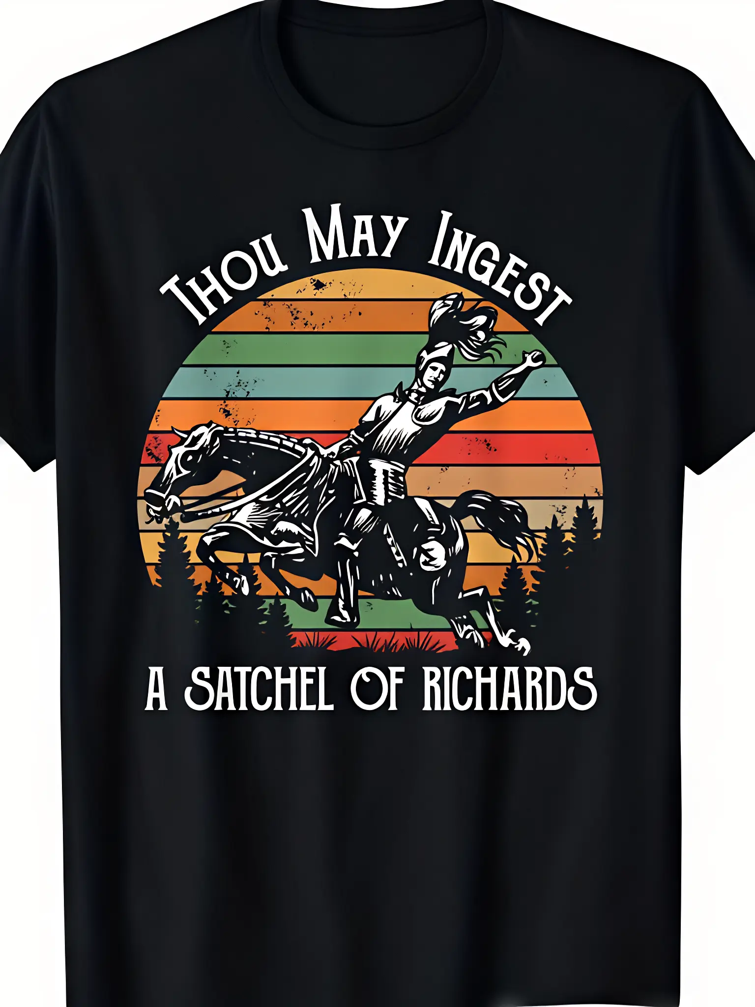 Plus size extra-large retro pattern T-shirt Black plus size T-shirt with retro knight print - 'You may eat it' text, colorful sunset stripes, dynamic western style, comfortable loose fit, suitable for daily wear, perfect choice for retro and fantasy enthu