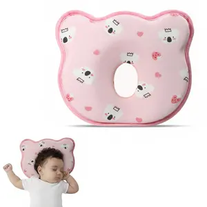 Memory Foam Baby Pillow for Newborn Flat Head Baby Pillow Infant Sleeping Machine-Washable Neck Support Prevent Flat Head with Bear Design Cotton