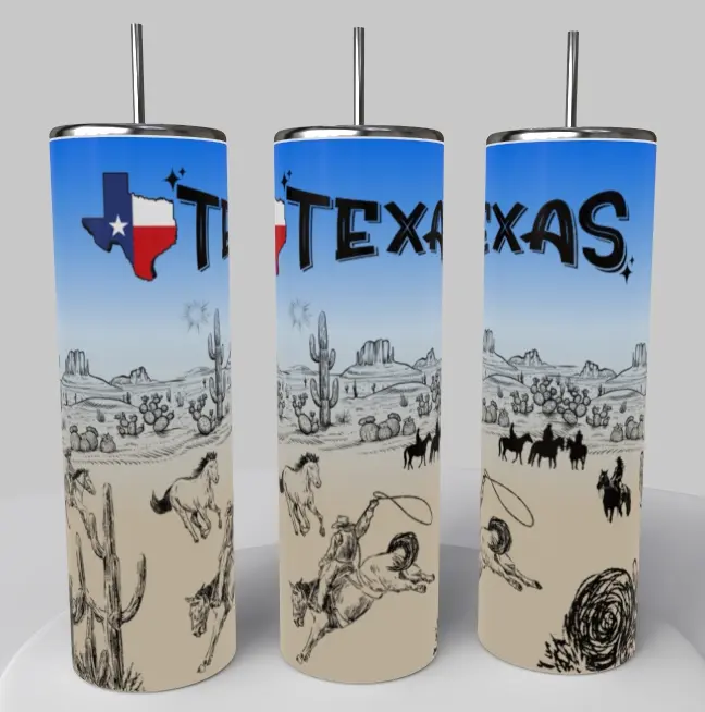 TEXAS SUBLIMATED TUMBLER 20oz with Western Design and Texas Flag Motif for Beverage Enjoyment