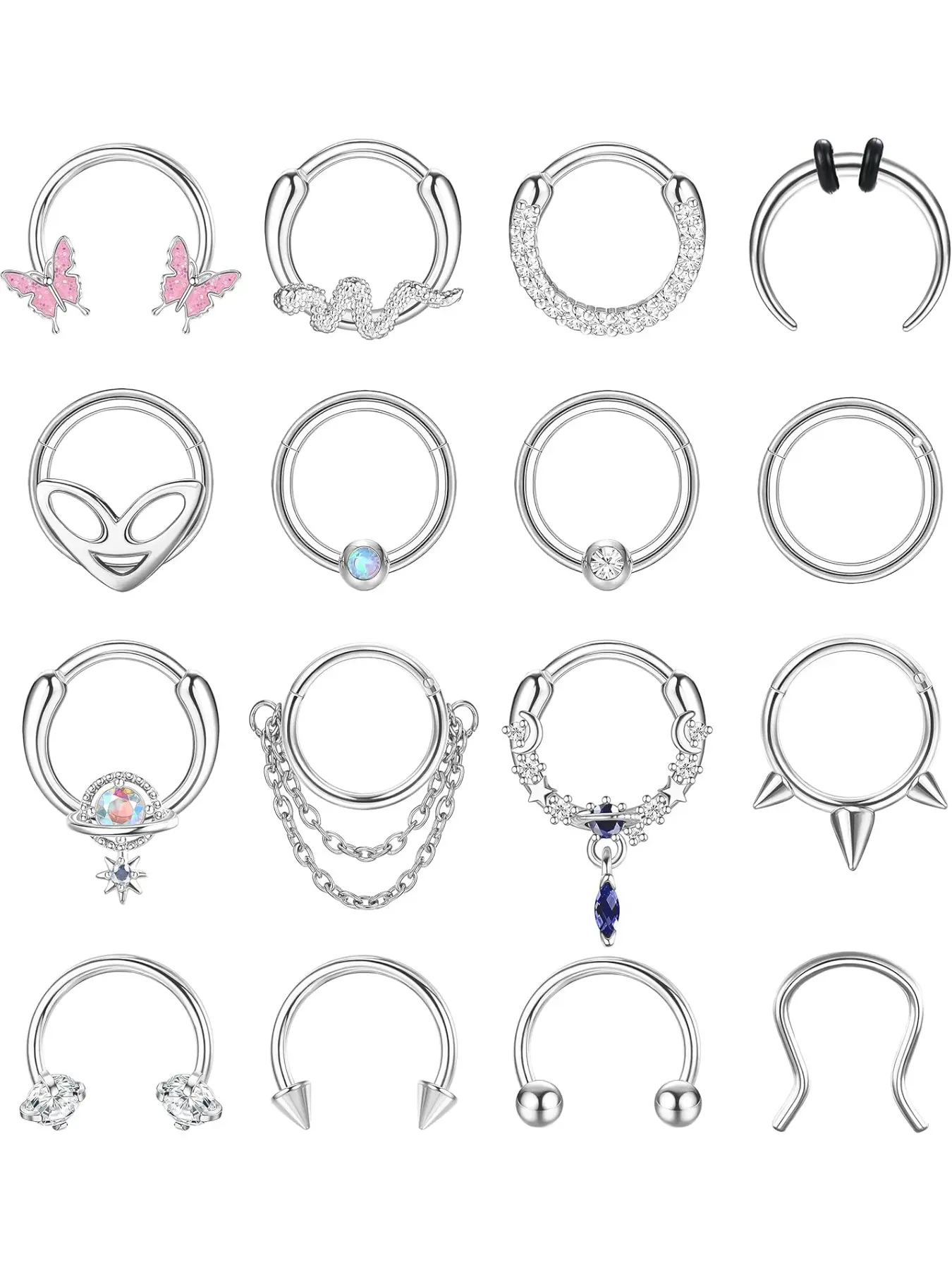 16Pcs 16G Septum Rings Hoop for Women Men Steel Dangle Septum Jewelry Septum Clicker Horseshoe Nose Rings Set Hoop Hinged Segment Daith Helix Pierced Ring Tragus Cartilage Earrings Piercing Hinged Nose Hoops