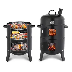 18-Inch Matt Upgraded Multi-Layer Charcoal Vertical Smoker Grill, Heavy-Duty Round Grill with Chimney & Thermometer, for Outdoor Patio BBQ, Backyard Parties