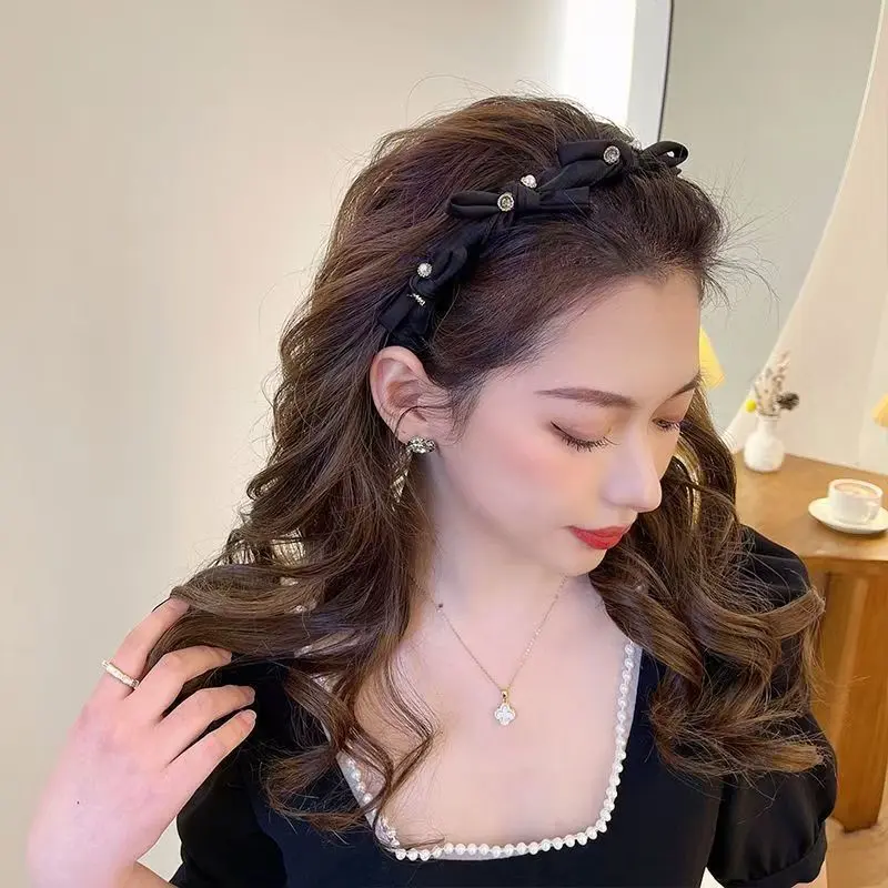 Coquette Black Mesh Bow Headband Elegant Pearl Decor Hair Hoop Vintage Lace Bow Hairband Women Daily Party Hair Accessories, One Size