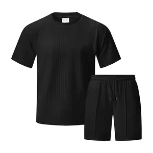 Men's short-sleeve crew neck top with drawstring shorts set. Soft and comfortable knitted texture fabric. Perfect for summer beach vacations, daily wear, street fashion, fitness activities, and stylish, comfortable casual style.