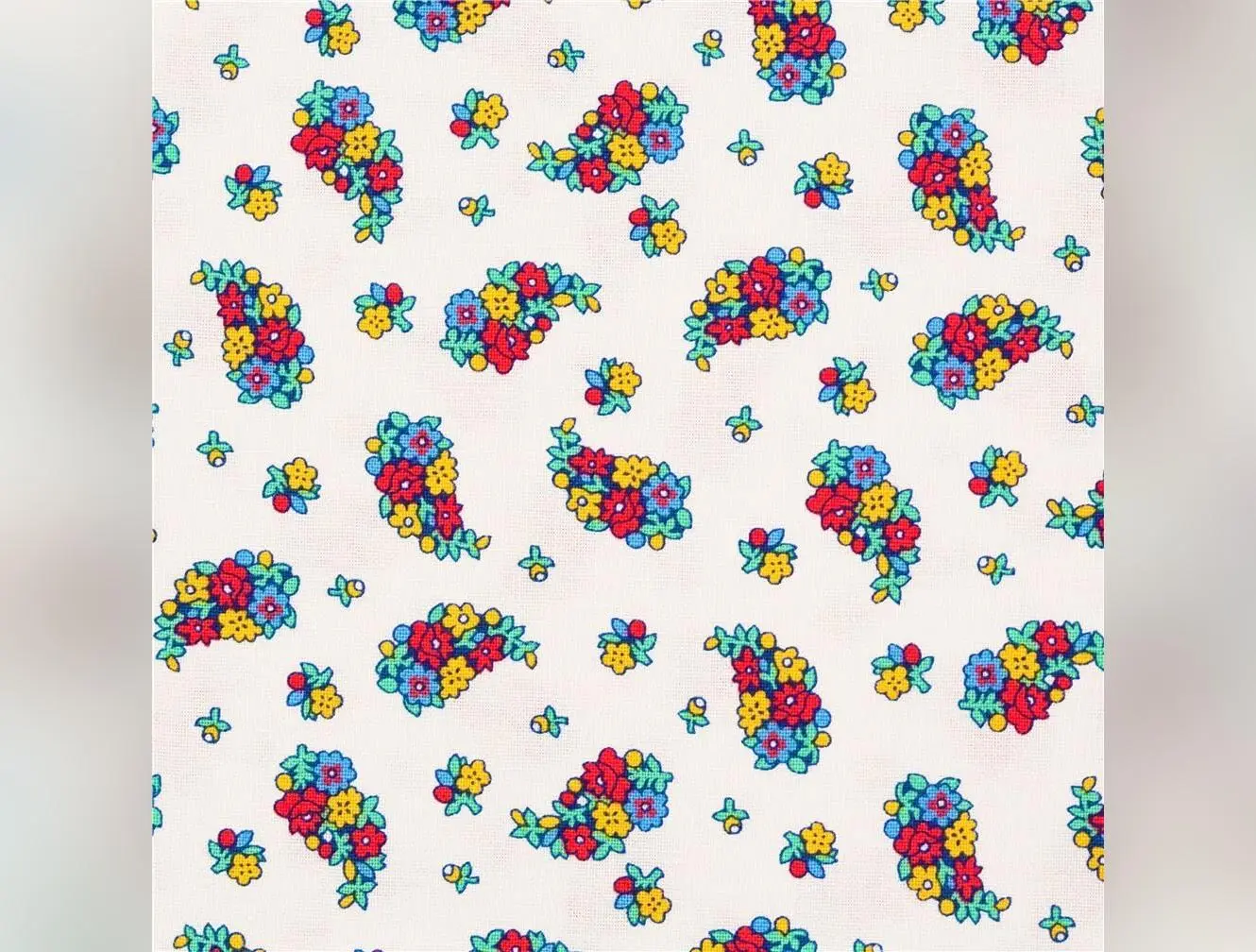 Portobello Paisley 60s 70s retro design rainbow mini florals in bunches white cotton Liberty Fabrics UK, Carnaby Collection (per 0.5 yard)