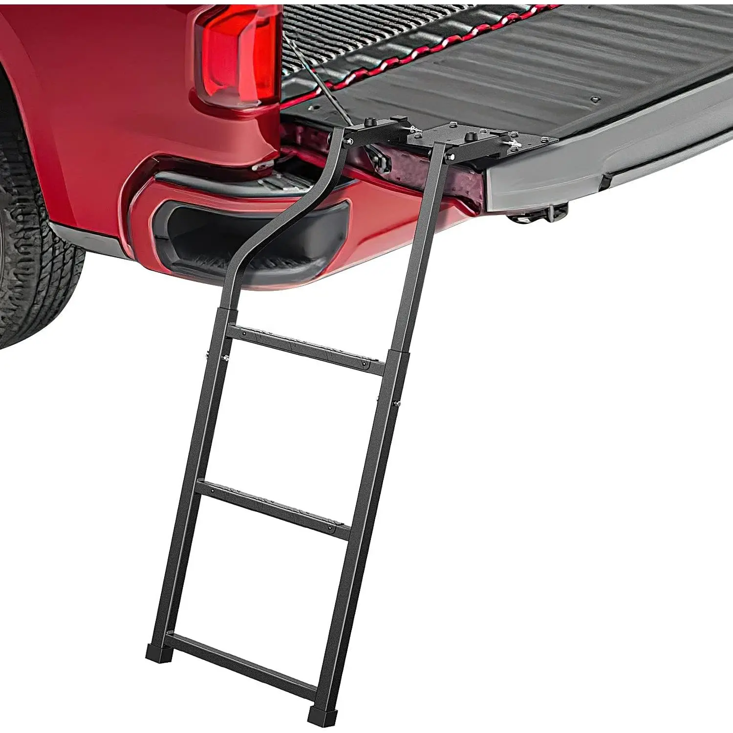 Foldable Pickup Truck Tailgate Ladder with Aluminum Step Grip Plates, Replaceable Rubber Feet, Electroplated Rust-Resist Steel 5/16" Nut Driver, Self-Drill Screws & Tie-Down Straps for Easy Installation