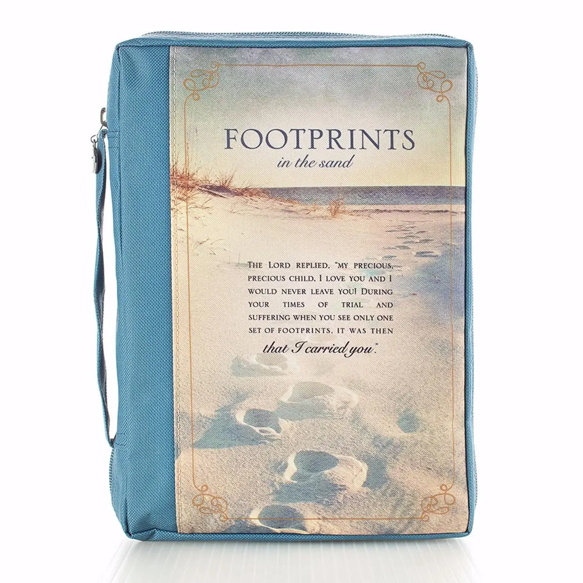 Christian Art Gifts Extra Large Cross-Engraved Bible Cover, 8" (w)x11 1/8" (h)x2 1/8" (spine), 0.35 lbs, Silk-Screen Print Footprints Design, Carry Handle, Pen Loop, Back Slip Pocket, Office Stationery Desk Organizer Accessory