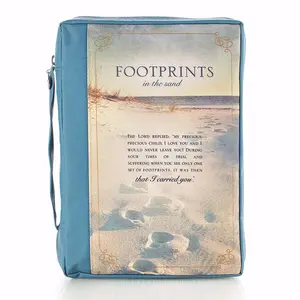 Christian Art Gifts Footprints Poem Bible Book Cover - Extra Large, Cross-Engraved, with Carry Handle, Pen Loop (Office Stationery Desk Accessory)