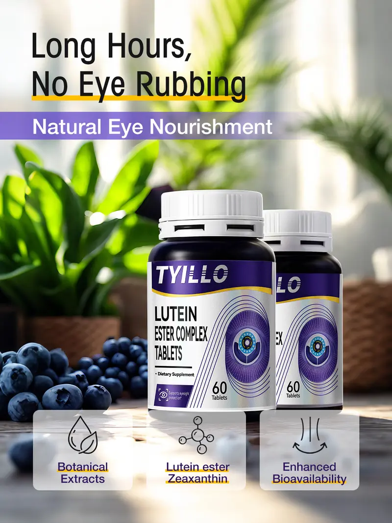 Product Introduction of Tyillo Blueberry Lutein Ester Complex Tablets，Support eye health，Nutrition & Wellness-with Lutein ester 10.1mg, zeaxanthin 2mg-Take care of your eye health，Moisturize the eyes，Suitable for daily dietary vitamin supplementation-60 Tablets. 5