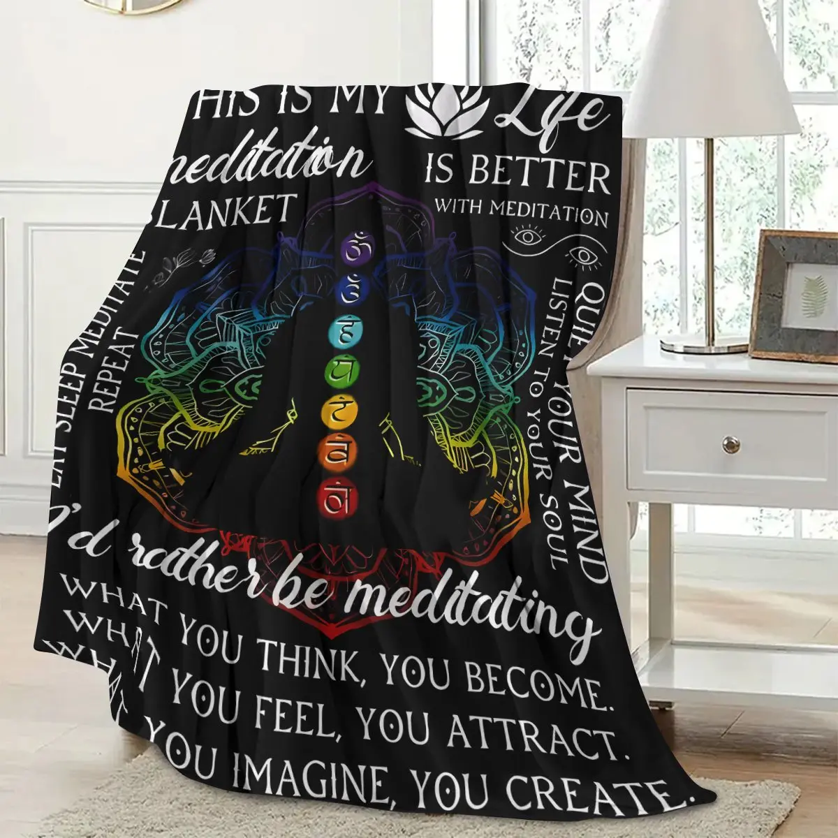 7 Chakra Meditation Flannel Blanket - Lightweight, soft and comfortable with inspirational quote and mandala design, perfect for yoga, meditation or relaxation, cozy home decor |   spiritual decor |   craft quality