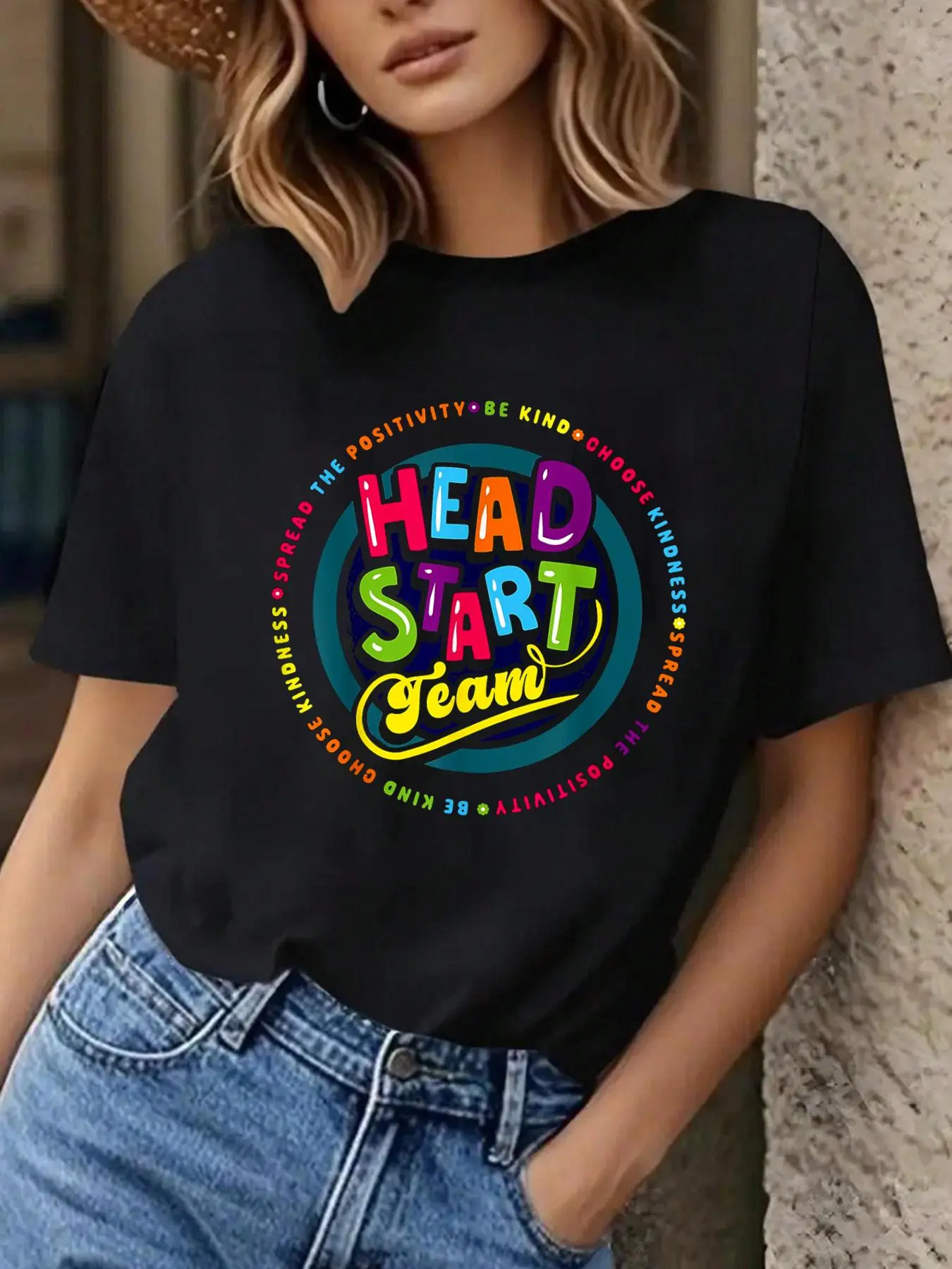 Women's Head Start Team Teacher Graphic T-Shirt - Breathable Cotton Fabric, Cute Casual Round Neck Short-Sleeve Top, Everyday Fit Back to School Wear, Tshirt, Shortsleeve, Print, Soft, Lady, Tee, Style, High-Def Print, Digital Print