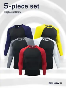 5 Pcs Mens Quick Dry Breathable Colorblocking Slim Long Sleeve T Shirt,Fitness Training Comfortable High Stretch Bottom Shirt Mens Outdoor Jogging