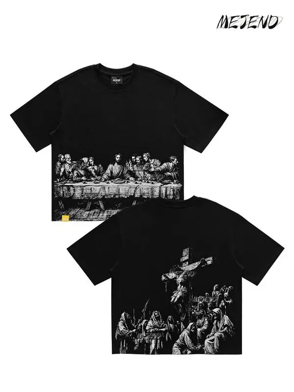 12oz Heavyweight Cropped Tee, Jesus Print Oversized Tee, Streetwear T-Shirt, Gothic Art Heavy Cotton Shirt Casual Classic