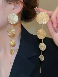 Women's 925 Silver Needle Earrings, Metal Round Pattern Dangle Design, Elegant Jewelry Accessory for Women & Girls