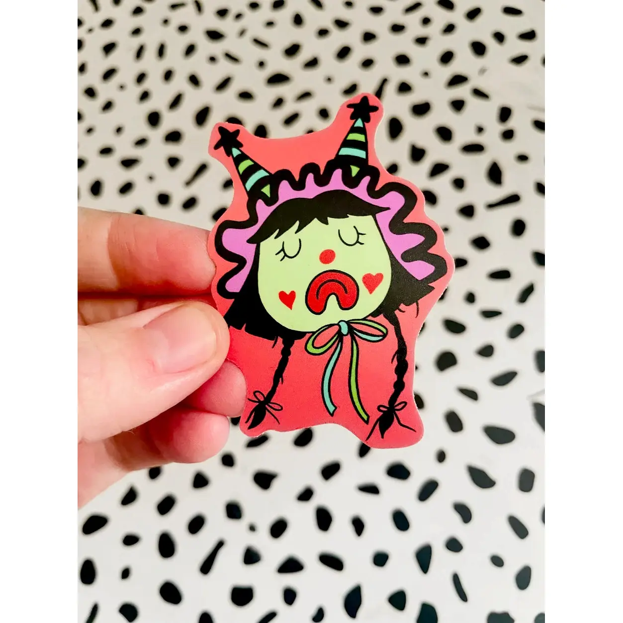 Clown Gal with double pointed hat, vinyl sticker, 2.5"