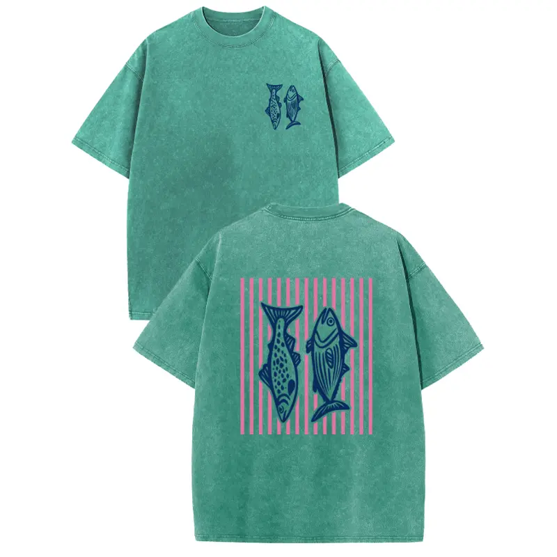 Holafish Pure Cotton Crewneck Acid Washed T‑Shirt Retro Acid Wash Pink Striped Dual‑Side Fish Graphic Printed Unisex Fashion Tees summervibes Casual Top