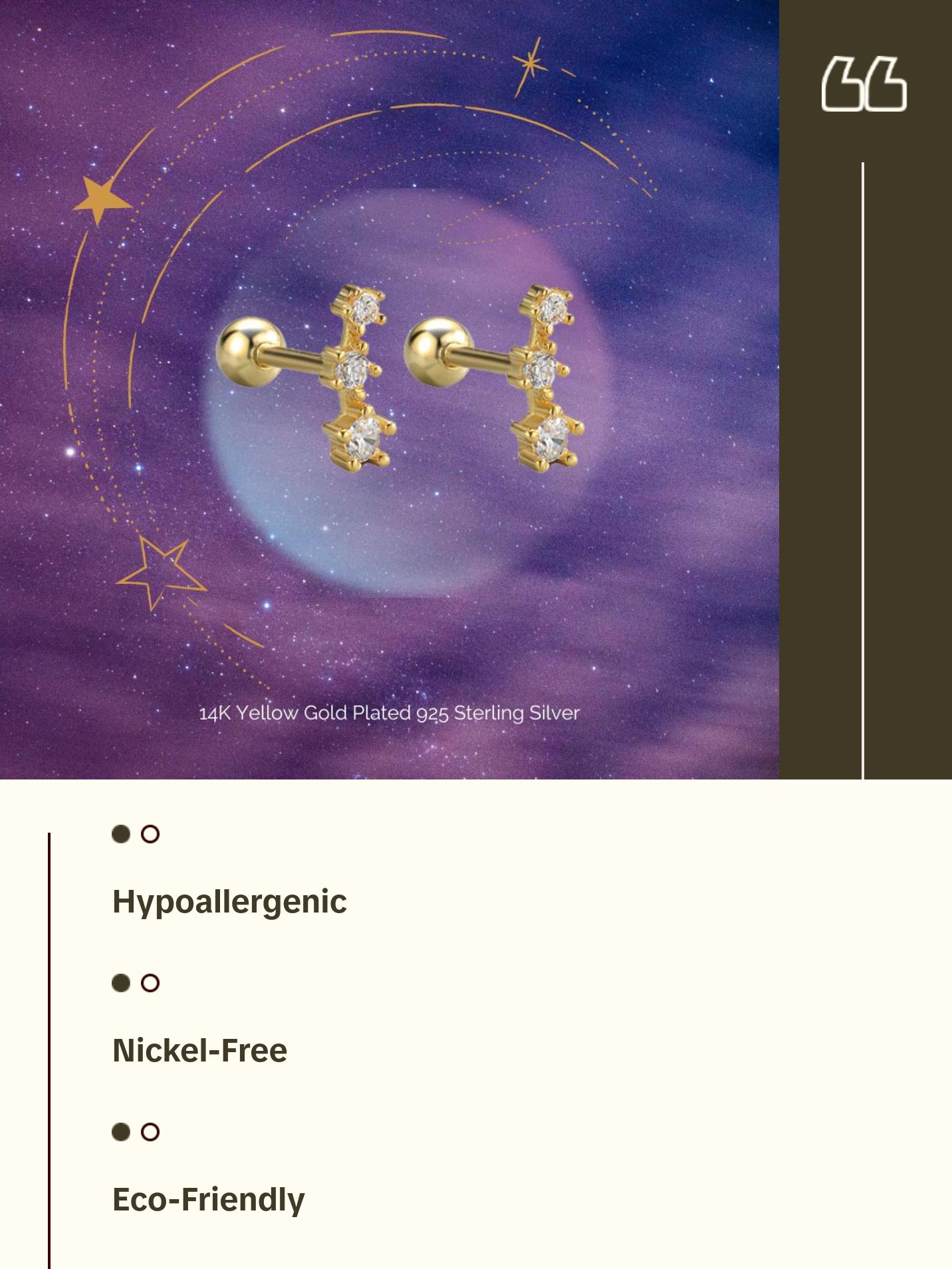 "Constellation Stars" 14K Yellow Plated 925 Sterling Silver Screw On Nap Earring "Constellation Stars" 14K Yellow Plated 925 Sterling Silver Screw On Nap Earring