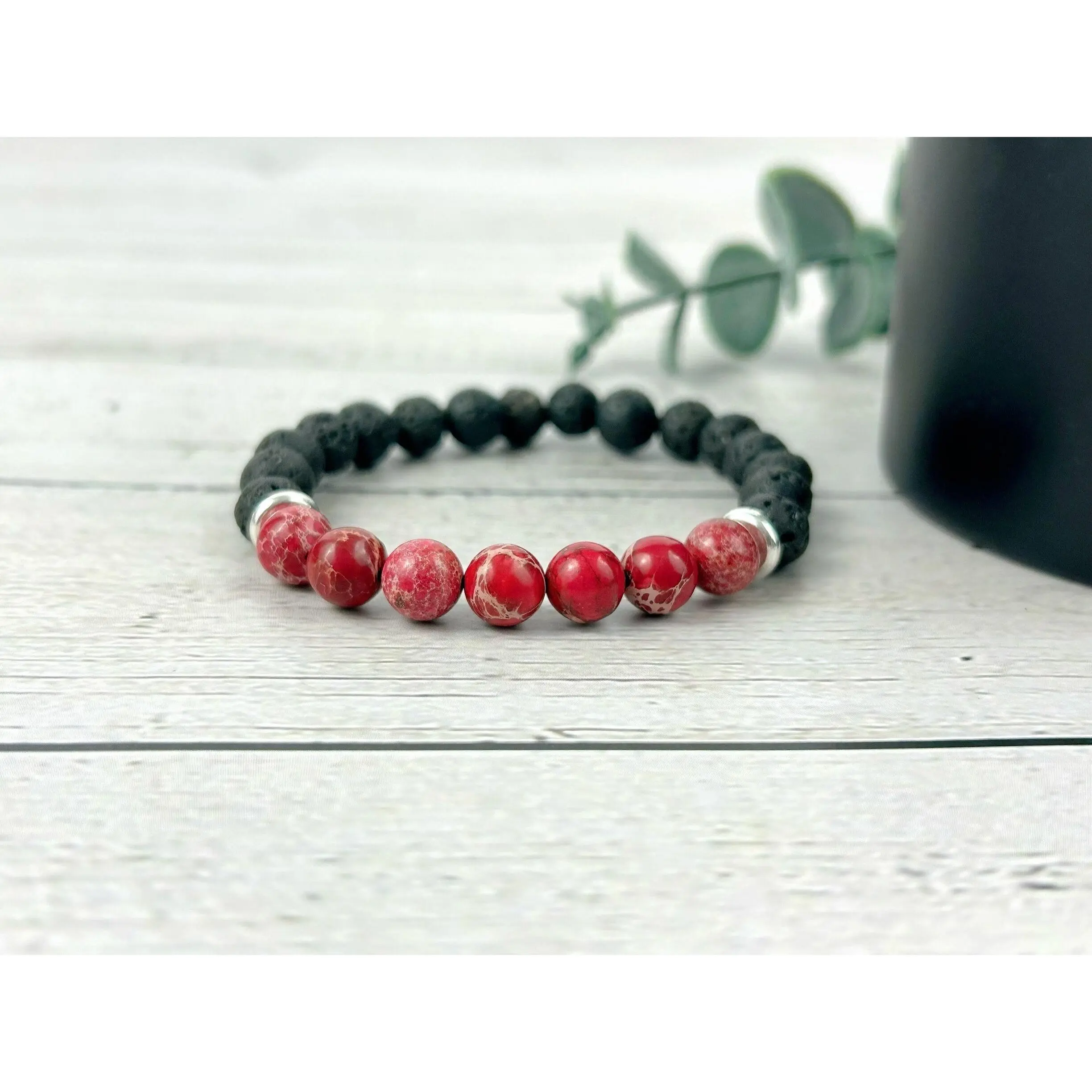Red Imperial Jasper Bracelet with Black Lava Beads - Diffuser Bracelet - Essential Oil Bracelet