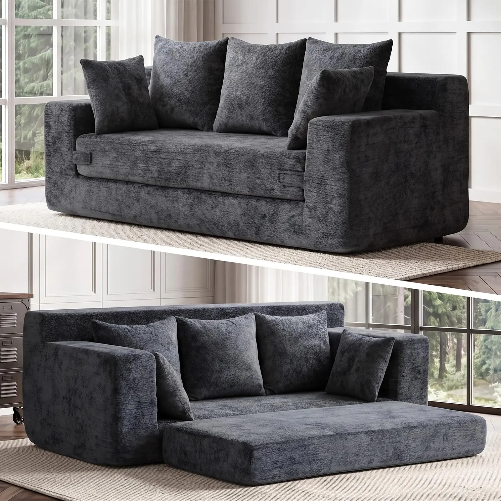 4-in-1 Boneless Sofa Bed, 70 inch Boneless Couch with Storage Pocket & 5 Pillows, Plush Velvet Couch for Living Room, Guest Room, Small Space, Grey