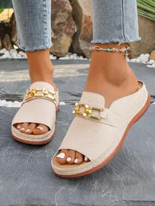 Women's Summer Casual PU Leather Roman Sandals, Thick Sole Round Toe Fish Mouth Design, Metal Chain Fashion Large Size Slippers