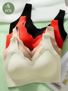 4pcs Women Seamless Wireless Bras, Comfortable Casual Camisole Bras, Nude Color Intimate Underwear, Basic Wireless Yoga Sports Bras With Ribbed Wavy Trim, Strappy Sports Bra, Seamless Everyday Bra, Seamless Shaping Bras, Sports Bra Pack