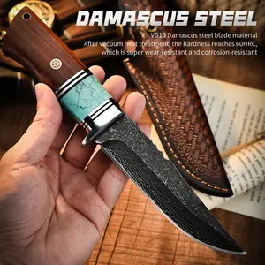 Hand-Forged Fixed Blade Utility Knife with Wooden Handle, Damascus-Style Kitchen & Outdoor Knife with Leather Sheath