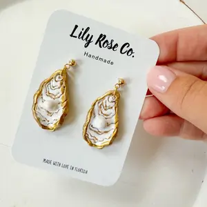 Lily Rose Co. Handmade Oyster Clay Earrings - Gold Trim & Pearl Detail - Made with Love in Florida