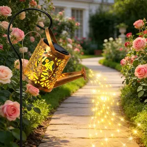1pc Solar Fairy Watering Can Spout Light, Warm Colored Waterfall Elf Copper Wire Light, Garden Retro 37LED Flowing Floor Plug Light, Romantic Atmosphere, Suitable for Lawn, Terrace, Pathway Lights, Solar Led Patio