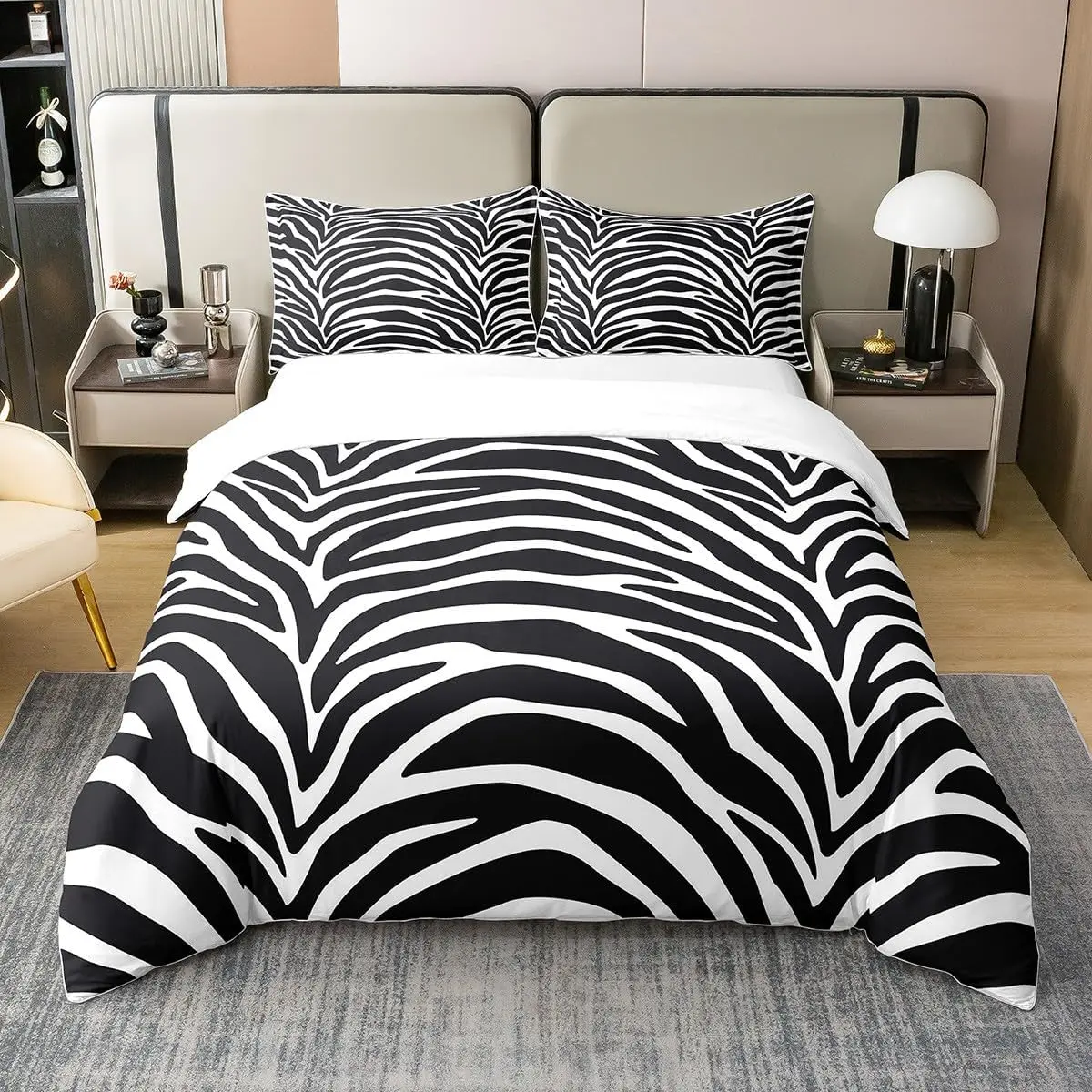 Feelyou 100% Cotton Black and White Zebra Stripes Duvet Cover Set - Modern Print, Flat Weave, Machine Washable, Multi-Size Quilt Cover (No Comforter), Queen Double Duvetcoverset