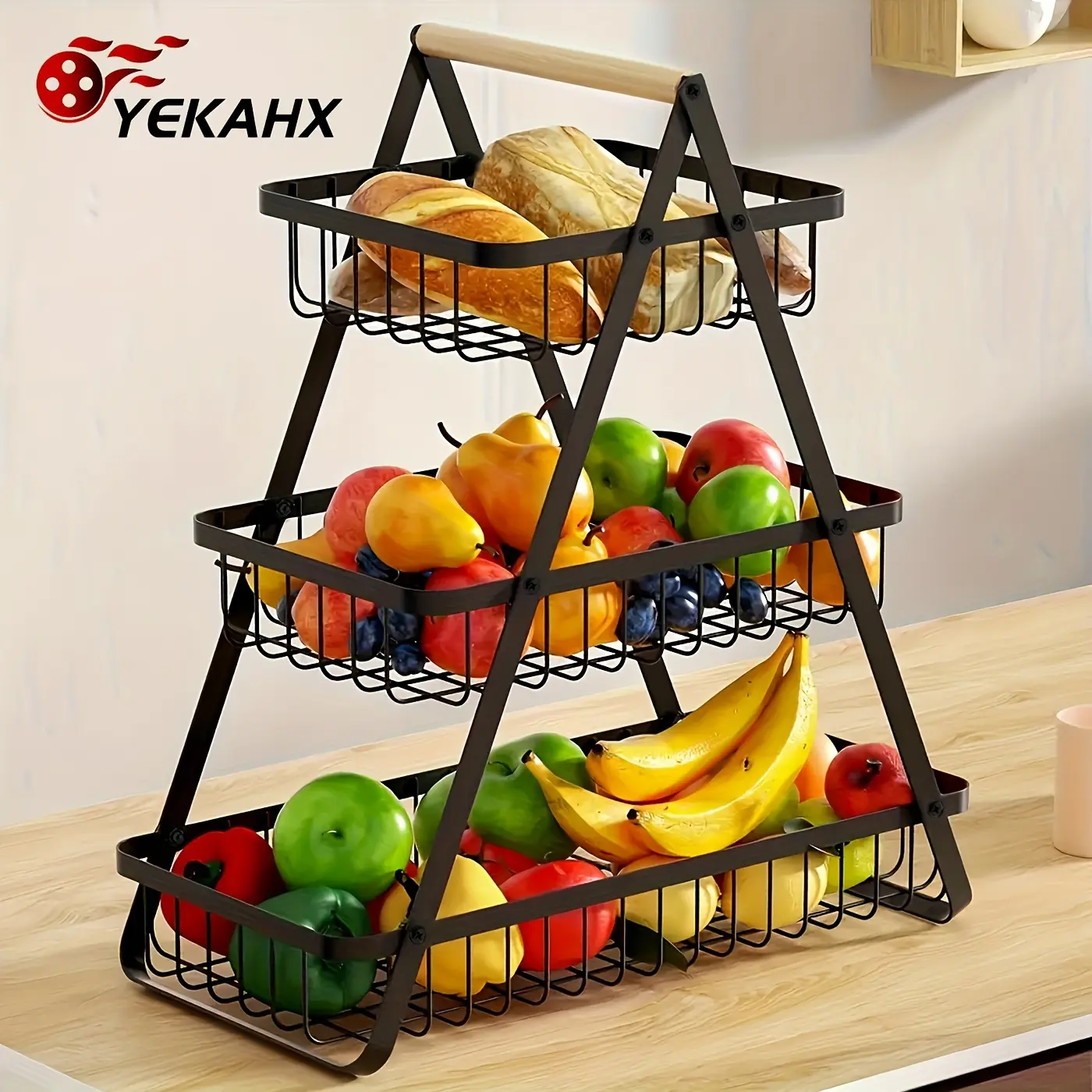 [1pc Metal Storage Basket] 1pc Elegant Black Metal Wire Multi-Tier Detachable Bathroom & Kitchen Storage Basket |   Wooden Handle, Food-Safe Countertop Basket for Fruits, Bread, Home Organization, Bathroom Basket Organizer, Durable Construction