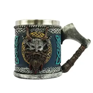 Viking Beer Mug 20oz Stainless Steel Double Wall Heavy Mug, Hand-Carved Oak with Norse Runes, Axe Handle Tankard Gifts for Men Medieval Drinking Cup, Cool Beer Stein for Home Bar Viking Decor Stylish Drinkware