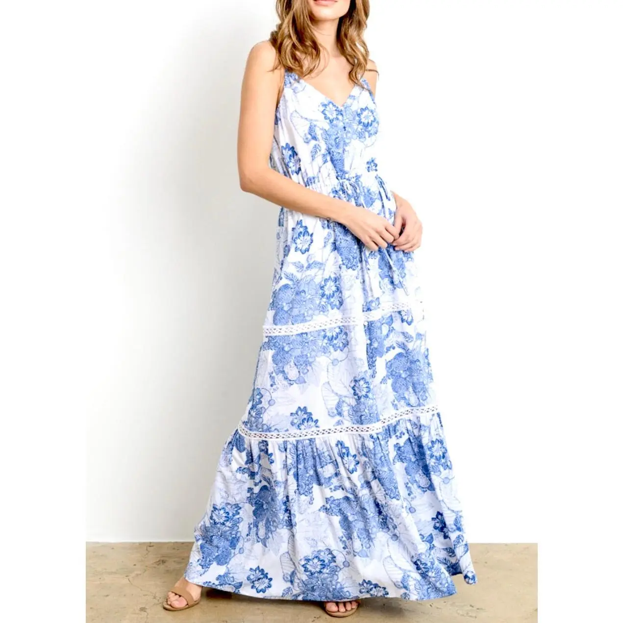 Blue White 'Chinoiserie' Maxi Dress with Self Tassel Tie Waist - TikTok Shop
