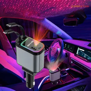 Retractable Car Charger with Starlight, 66W Starlight in Car roof 4 in 1 Retractable Car Phone Charger Adapter, Fast Charging USB C Cable, Compatible with iPhone 16/15/14/13/12/,Pixel