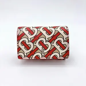 Pre-owned BURBERRY Leather Clutches & Wristlets Jessy Tb Monogram Print Chain Wallet In Vermillion Red