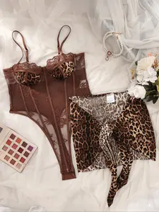 Women's Sexy Leopard Lace Lingerie Bodysuit Backless, High Waist Skirt Set, All Seasons, Indoor Scene, Tight-Fitting, Two-Piece