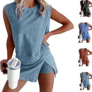 2026 Women's Two Pieces Casual Travel Outfits Summer Short Lounge Set Cotton Tank Top Lined Split Athletic Skirt Sportswear Set