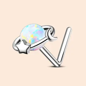 OUFER Iridescent Opal L-Shaped Nose Stud - Stud Nose Rings, Gemstone Piercing Jewelry, Galaxy Celestial Orbit Elegant Fashion Body Accessory