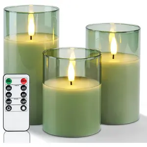 Green Glass Flameless Candles with Remote and Timer for St. Patrick's Day, Real Wax Battery Operated Candles, Flickering Electric LED Pillar Candles, Home Party Decor, Set of 3