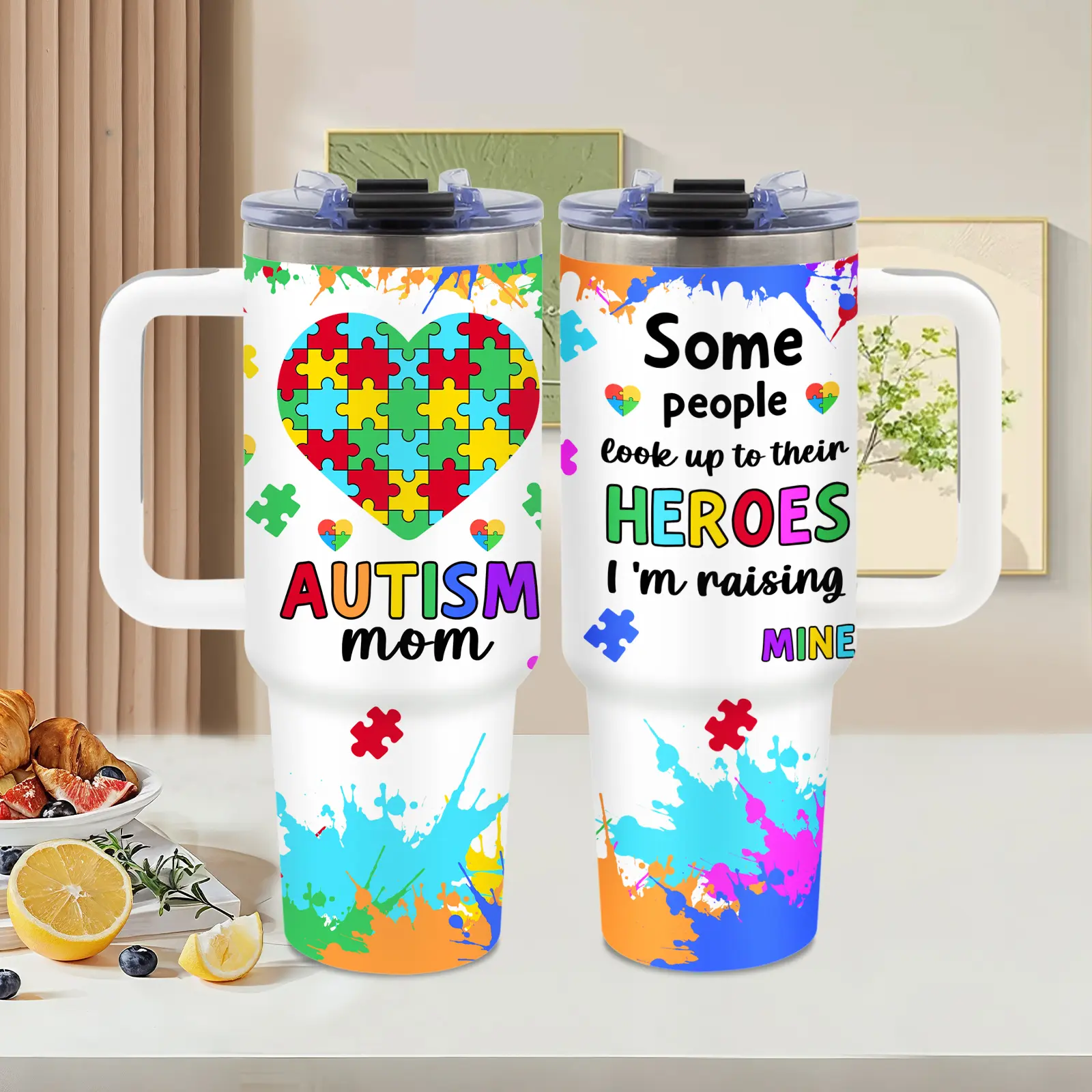 40oz Autism Awareness Stainless Steel Vacuum Insulated Tumbler-Mug - Leakproof, Portable Reusable Cup with Handle, Lid, Colorful Puzzle Heart Design - Keeps Drinks Cold for 24H, Beach/Mother's Day Gift for Office Travel