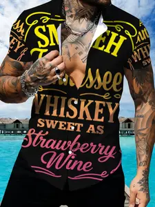 Retro Style Printed Short Sleeve Shirt, Tennessee Whiskey Theme Design, Trendy Casual Men's Top