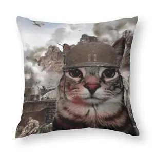 Funny War Cat Thousand Code Gaze Meme Throw Pillow Cover - Double-Sided Printed Polyester, Vintage Military Design Featuring a Cat Helmet And Tank, Perfect for Bedroom And Living Room Decor (Pillow Insert Not Included) Decorative Pillow