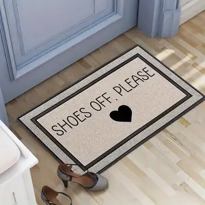 "Shoes Off, Please" Heart Doormat, Minimalist Text & Black Heart Print on Linen Texture Background, Non-Slip Backing. Absorbs Dirt & Moisture, Easy to Clean. Perfect for Modern & Cozy Entryway Decor