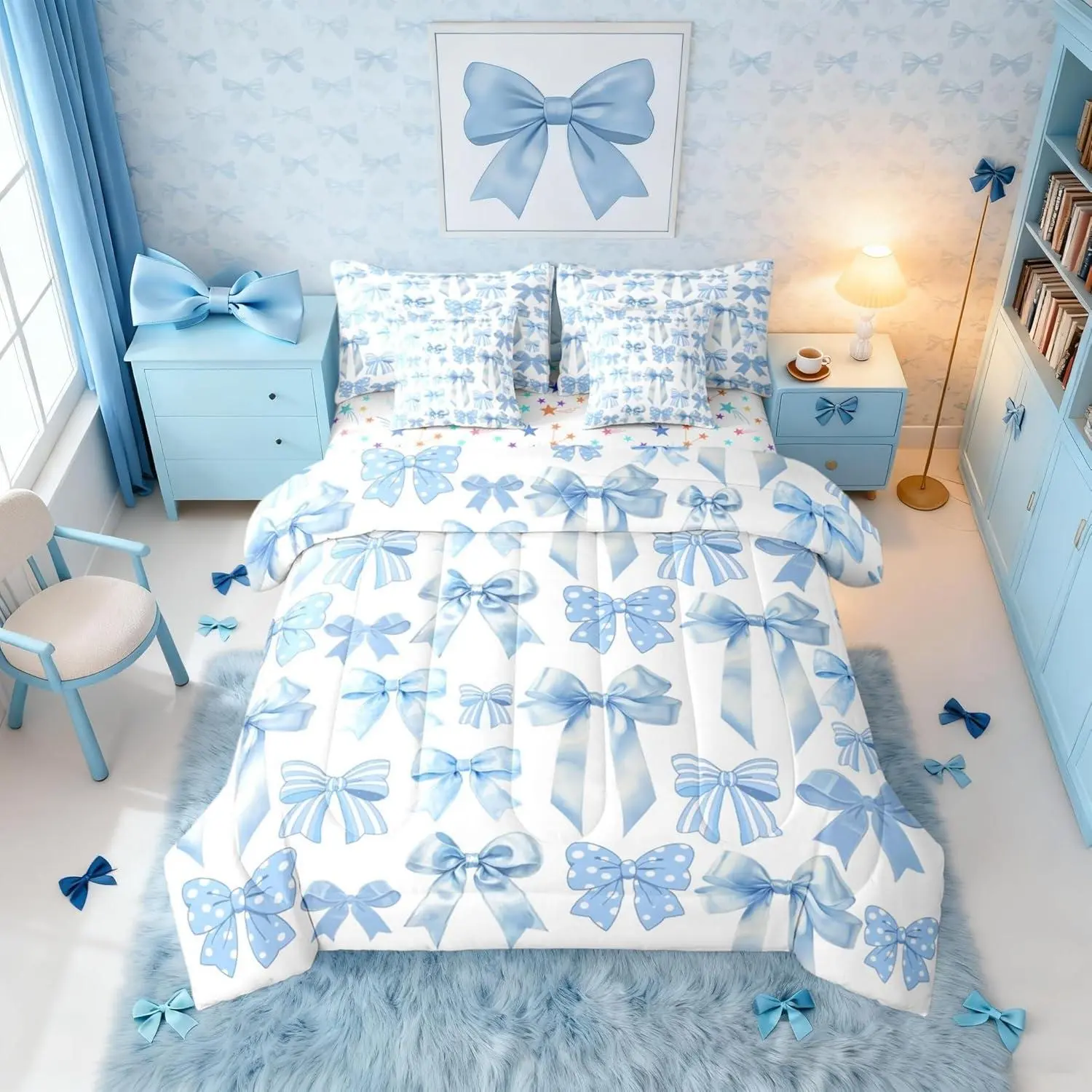 Feelyou Queen Size 7-Piece Ultra-Soft Microfiber Bedding Set - Blue Bowknot Design Comforter, Sheets, Soft Comfy Blanket, Preppy Kawaii Coquette Bedding for Teens, Queen Comforter