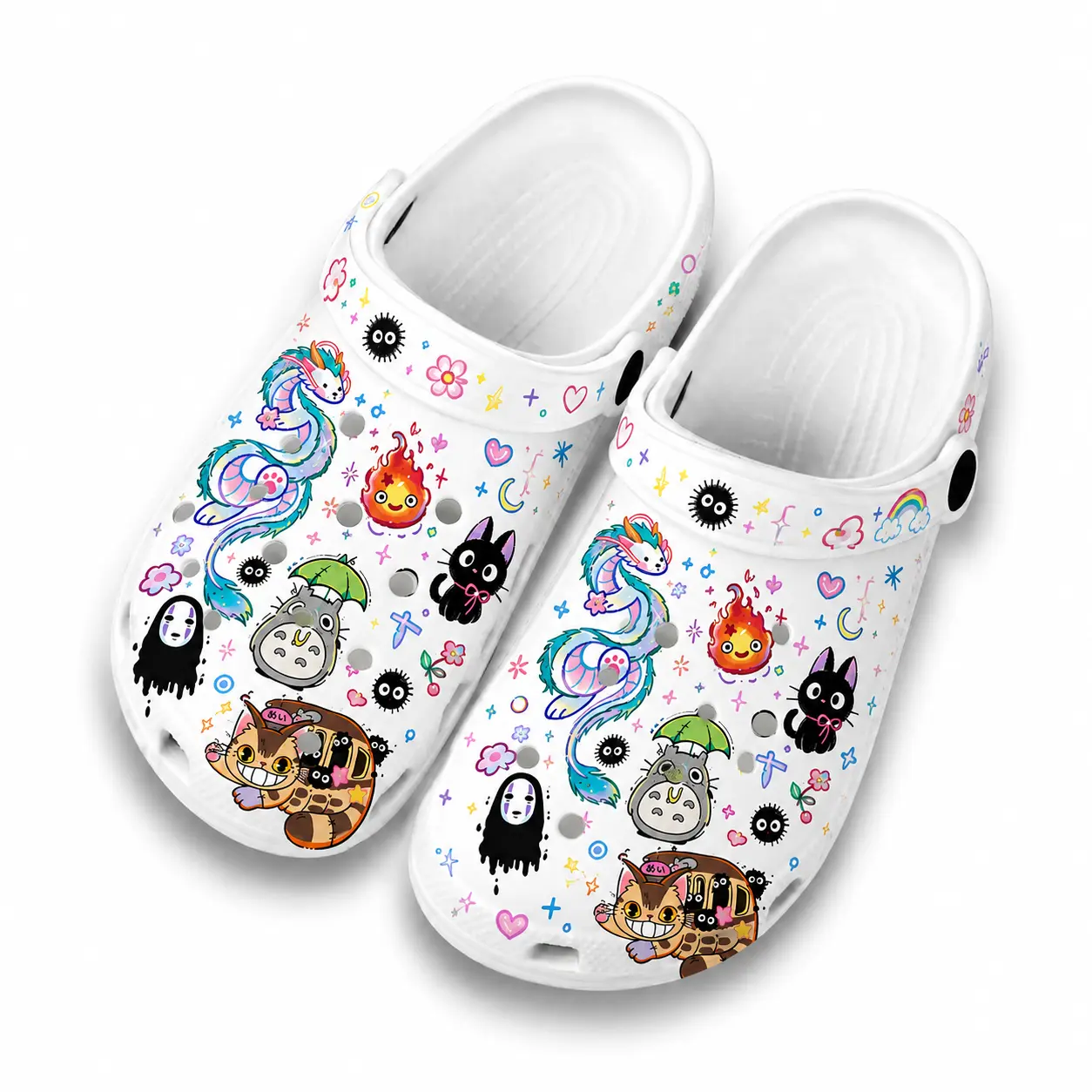 Studio Ghibli Clogs | Spirited Away No Face Totoro Jiji Catbus Anime Graphic Shoes | Hayao Miyazaki Movies Fan Merch | White Slip-On Footwear | Unique Gift for Japanese Animation Fans