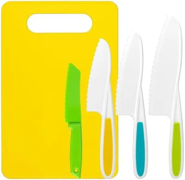 5 Pcs Kids Cooking Set, Montessori Kitchen Tools, Safety Knives & Cutting Board for Toddlers, Serrated Edges for Real Cooking Kids Montessori