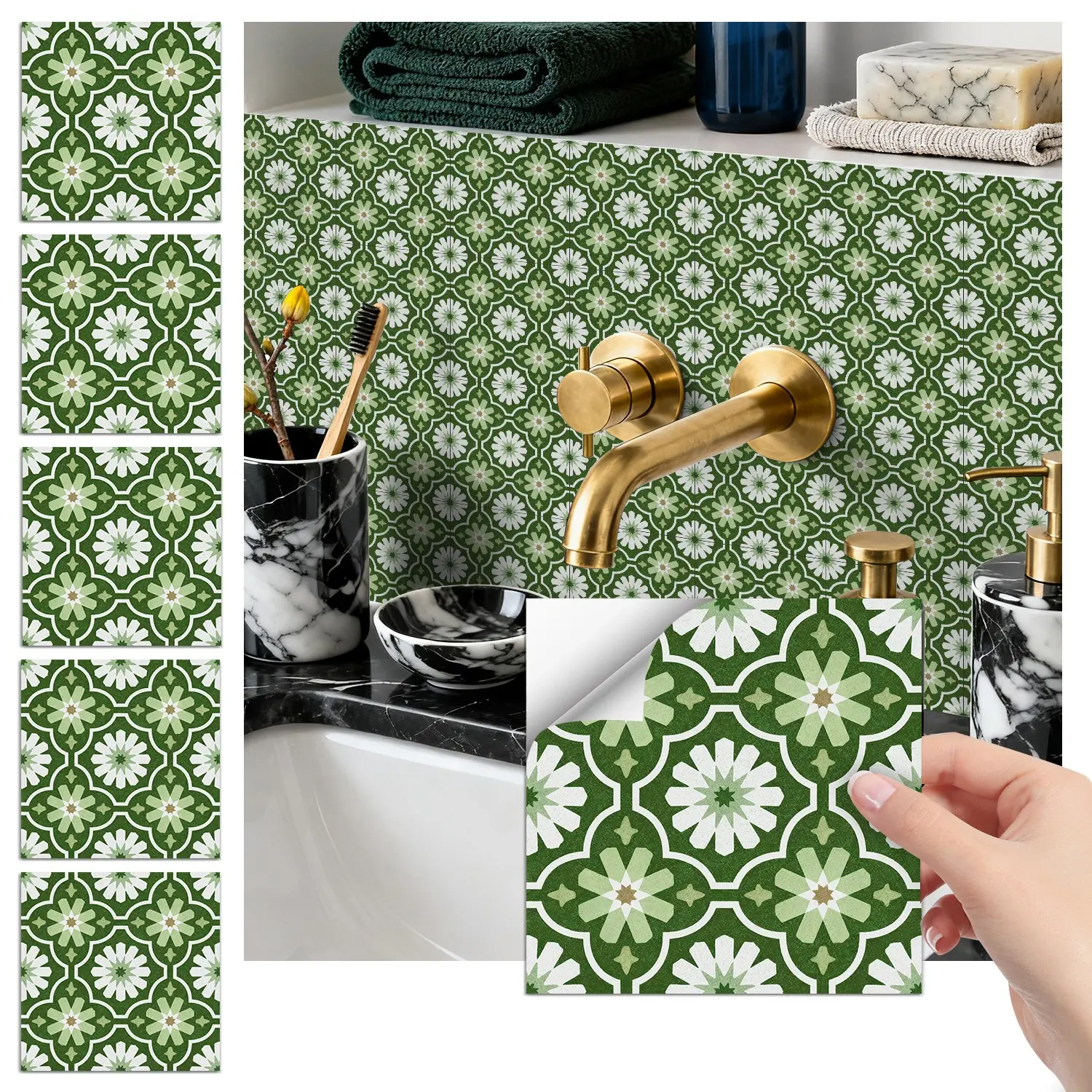 24PCS FHZ Classic Art Tile Dark Green-White Daisy Cluster Wall Stickers | PET Matte | Peel & Stick Removable Waterproof Oil-Proof for Kitchen Backsplash Bathroom Bedroom Office School