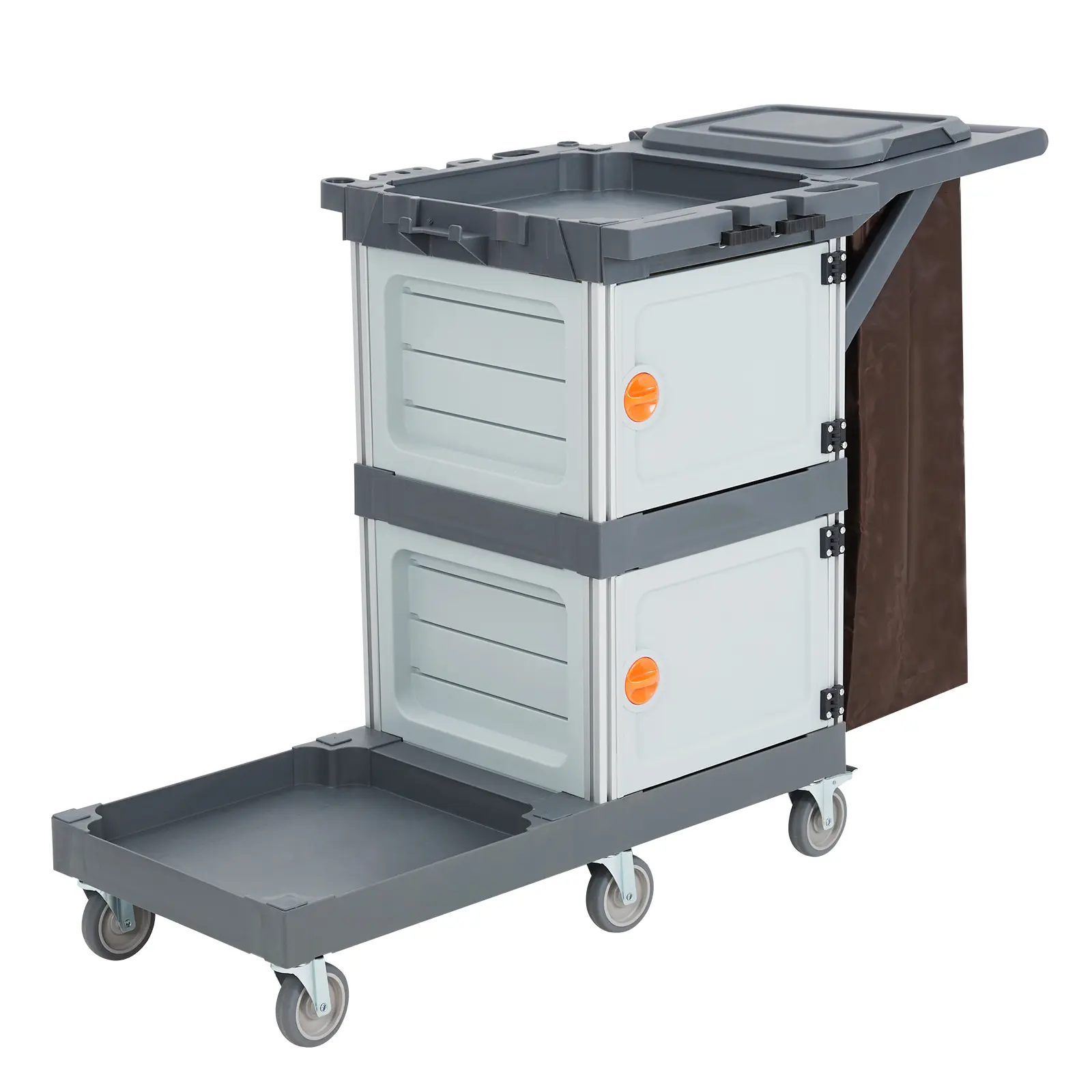 Commercial Janitorial Cart, Cleaning Cart for Housekeeping, Rolling Housekeeping Cart with 2 Tool Cabinets, Oxford Bag, Open Shelves, Hooks, Utility Cart Service Cart for Home Office