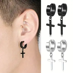 2025 New 2pairs Simple Cross Ear Buckle Earrings, Men's Stainless Steel Ear Clip Earrings